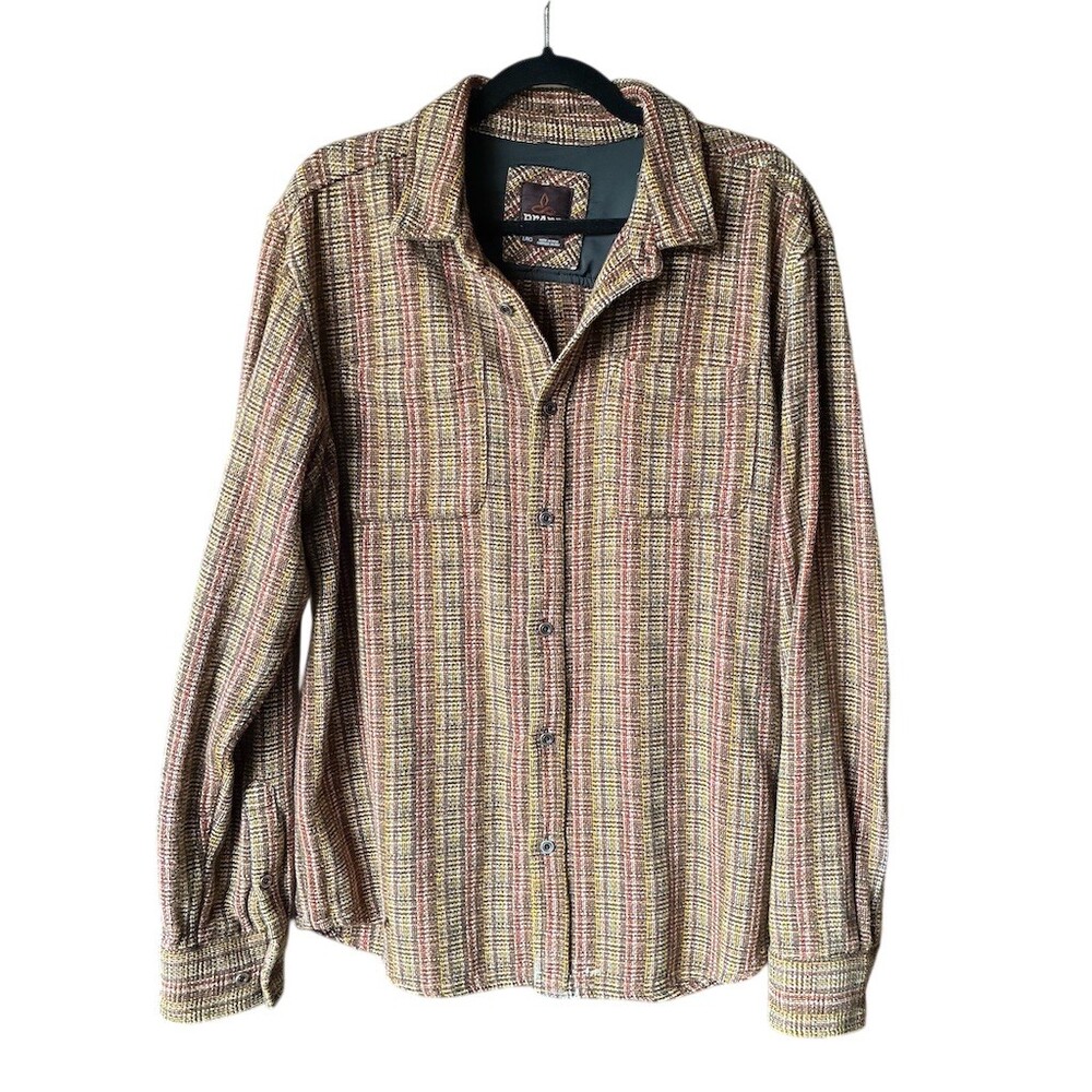 prAna Shirt Jacket Women’s Size L Brown Plaid Button Front Long Sleeve
